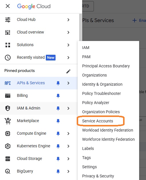 Cloud project menu list screenshot