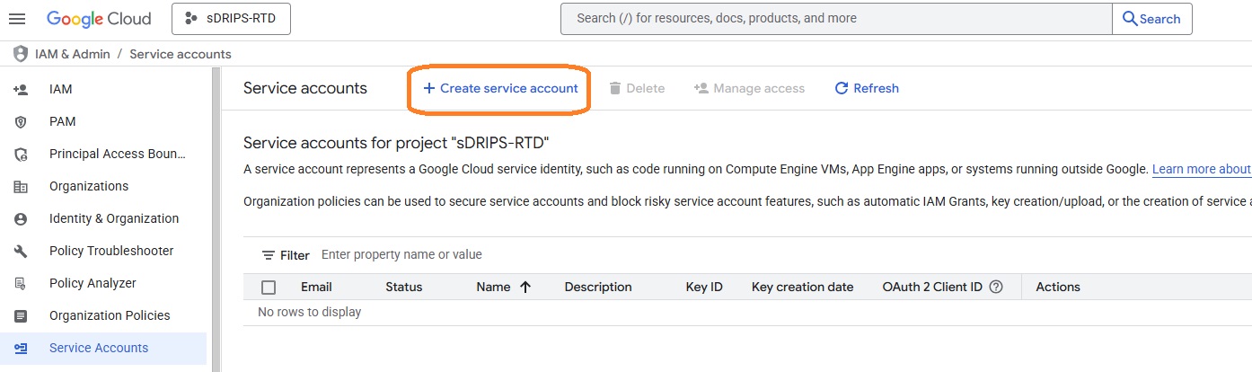 creating service account button screenshot