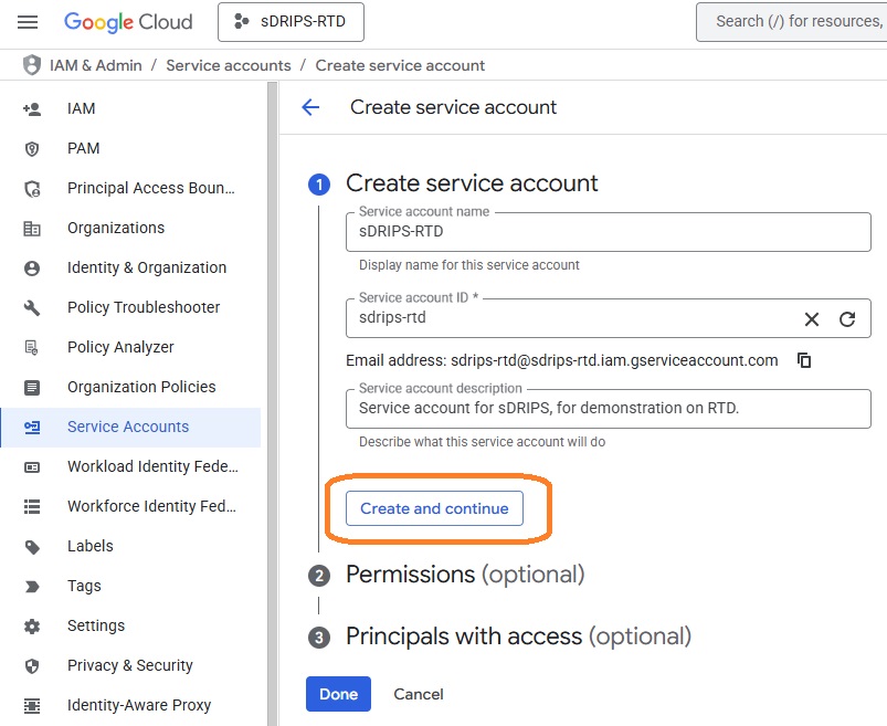 Service Account description screenshot