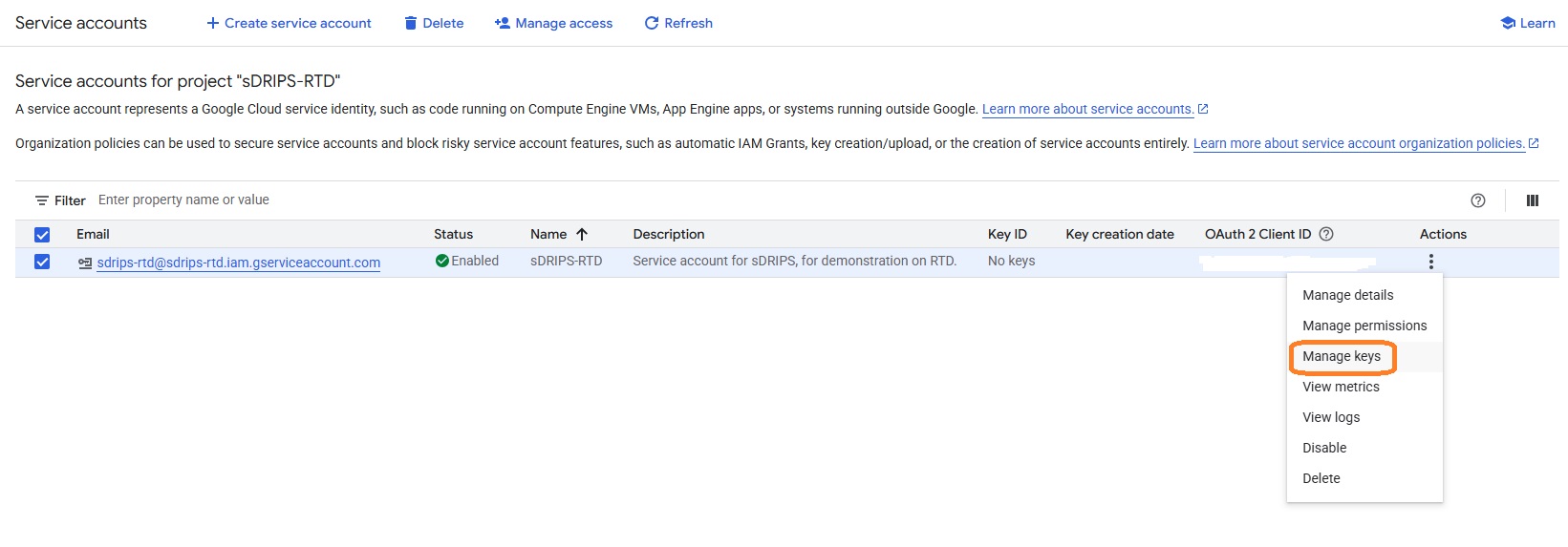 Service Account description screenshot