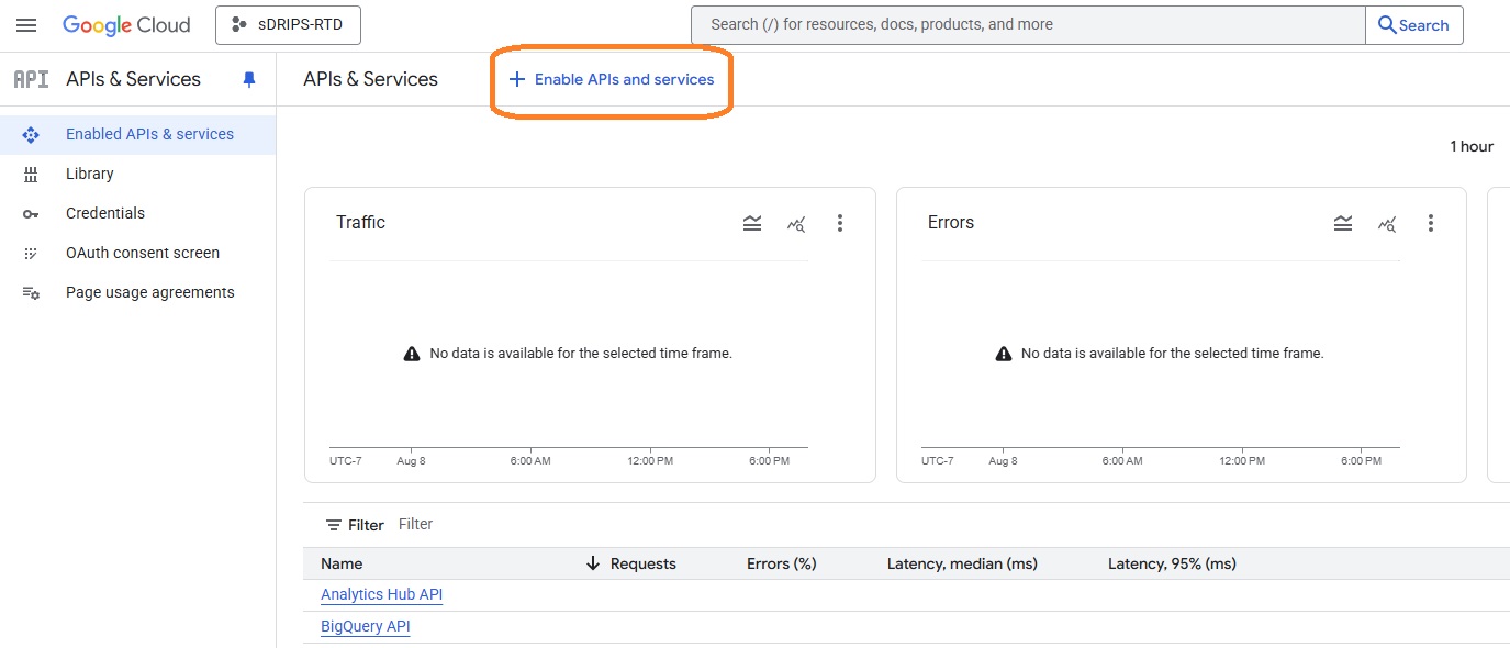 Enabling EE API page screenshot