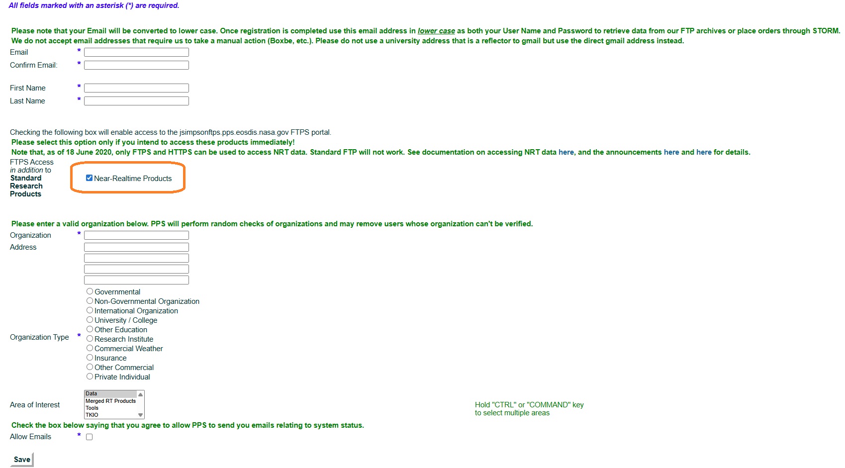 Registration form for IMERG Product