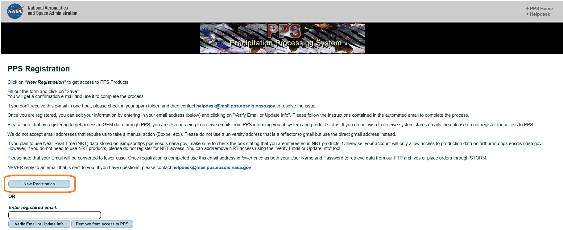 Registration page for IMERG Product